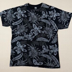 Stussy Kicks Hawaii Aloha Vibes All Over Print T-Shirt Black Grey Mens Medium